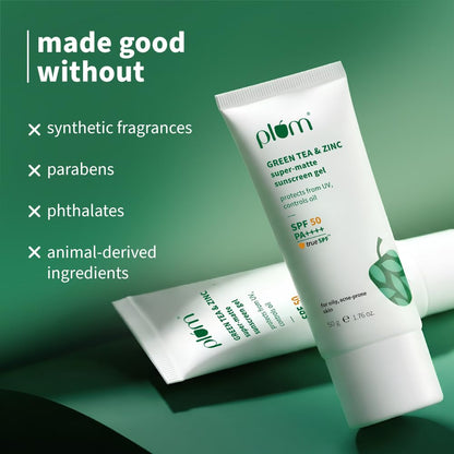 Plum Green Tea & Zinc Super-Matte Gel Sunscreen SPF 50 PA ++++ | 50g | Formulated for Oily, Combination and Acne Prone Skin | Protects & Controls Oil | Lightweight, No White Cast & Non-Sticky | Vegan |