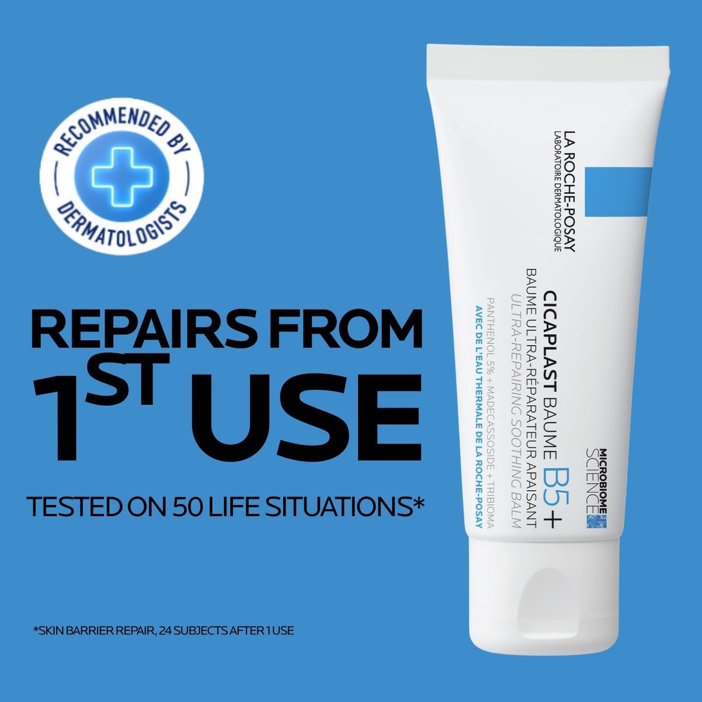 La Roche-Posay Cicaplast Balm B5+ on a blue background with text about dermatologist recommendation and product benefits.