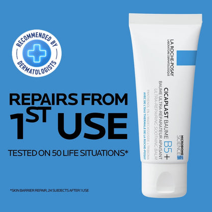 La Roche-Posay Cicaplast Balm B5+ on a blue background with text about dermatologist recommendation and product benefits.
