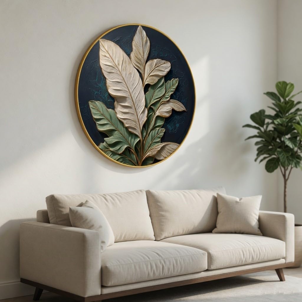 3D Textured Leaf Wall Painting with Golden PVC Frame Round Botanical Wall Art Modern Luxury Design for Living Room Bedroom Office Home Decor Elegant Gift Item (16 x 16 Inch) GRM-352