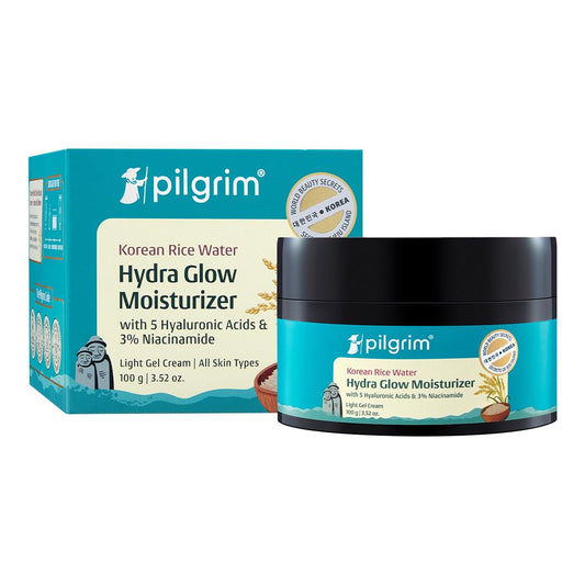 Pilgrim Korean Light Gel Oil Free Hydra Glow Moisturizer Cream 100 g| With Hyaluronic Acids, 3% Niacinamide, Rice Water for 5x Hydration & Instant Glass Skin | Hydrating Gel for All Skin Type