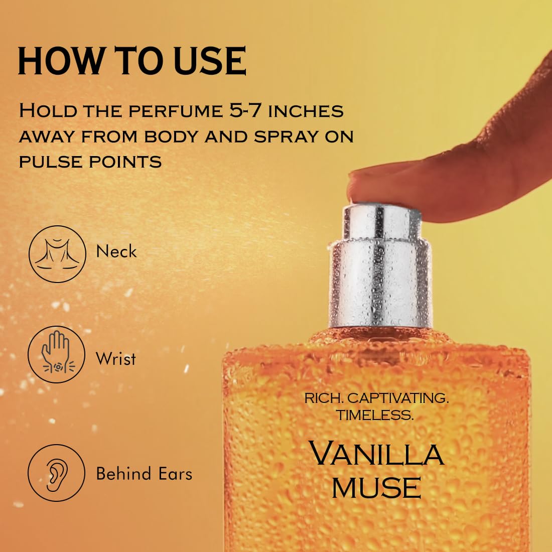 Perfume bottle labeled 'Vanilla Muse' with usage instructions on a yellow background