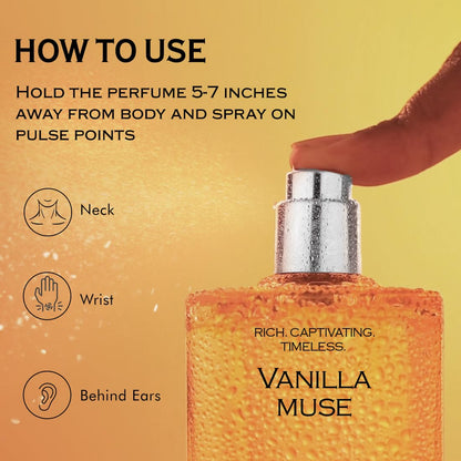 Perfume bottle labeled 'Vanilla Muse' with usage instructions on a yellow background