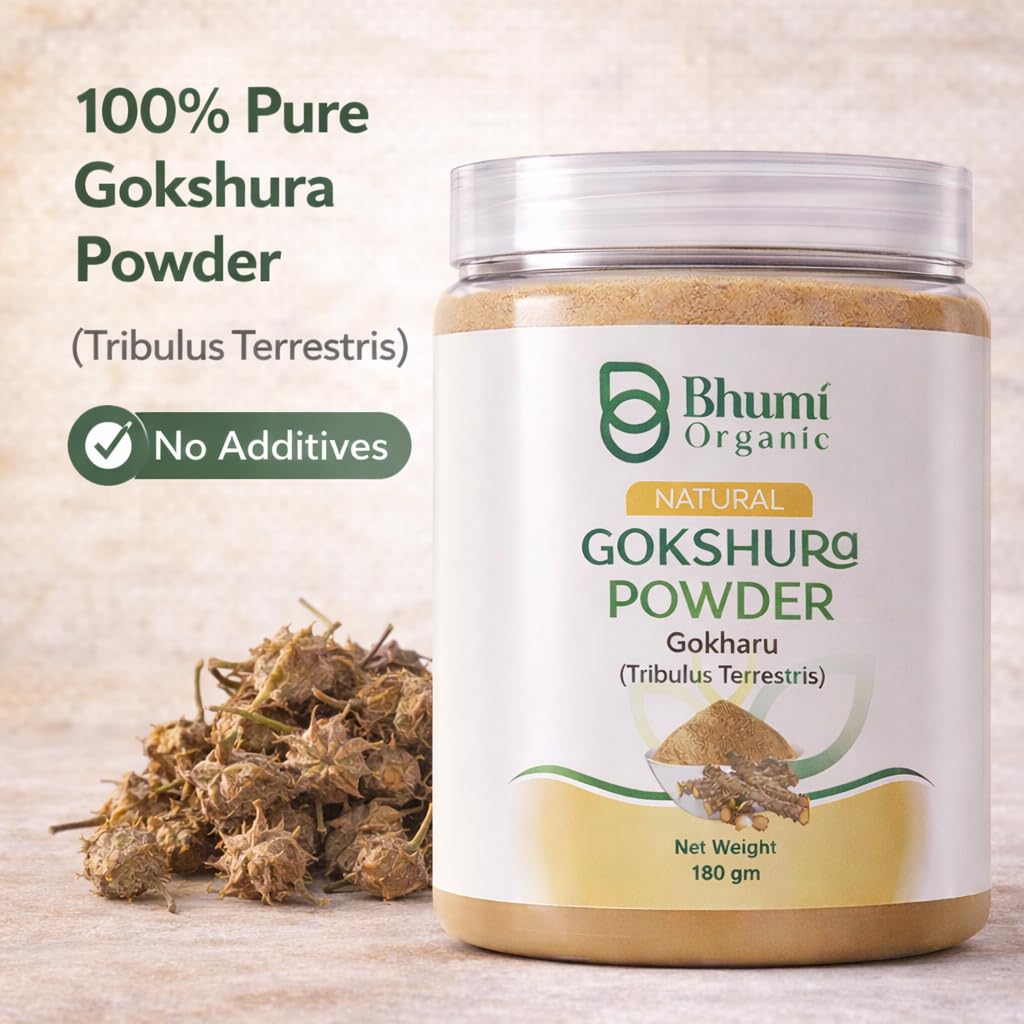 Bhumi Organic Gokshura Powder container with gokshura powder and plant on a wooden surface