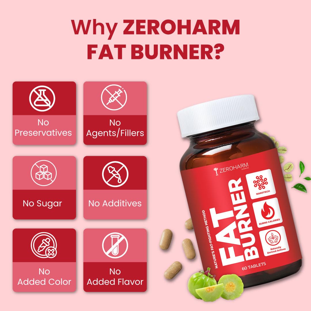 ZEROHARM Fat Burner Tablets | Garcinia Cambogia, Green Coffee, Green Tea, Apple Cider Vinegar | Boosts Metabolism & Controls Cravings | Weight Management Supplements for Men & Women | 60 Veg Tablets