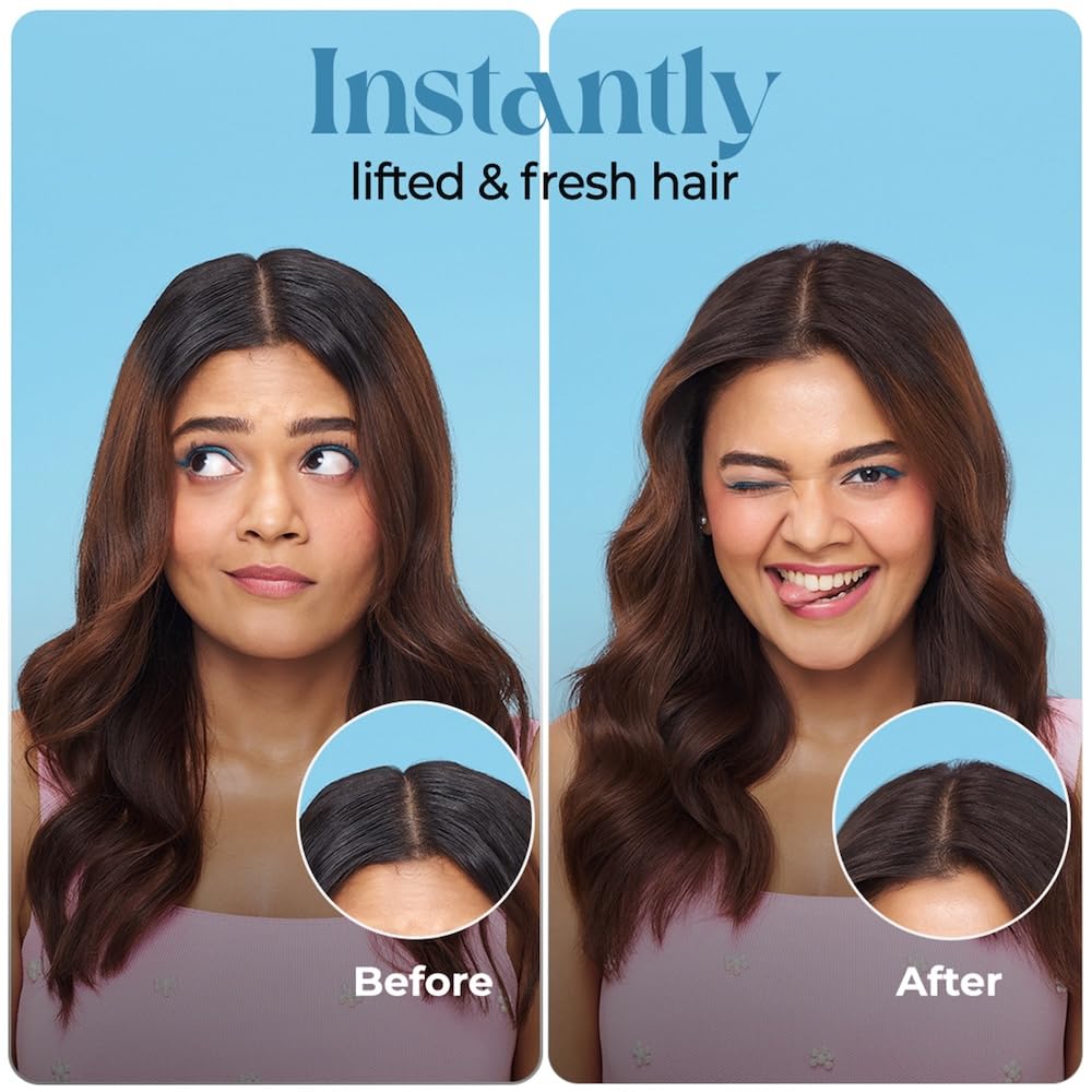 Before and after comparison of a woman's hair with text 'Instantly lifted & fresh hair'.