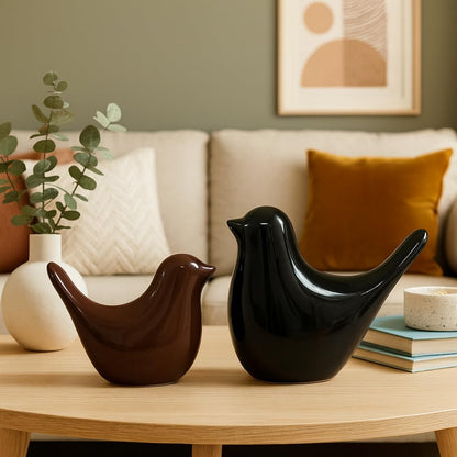 Creative Black and Brown Glossy Ceramic Birds Figurines Home Decorations Accessories Party (Pack of 2, Black and Brown)