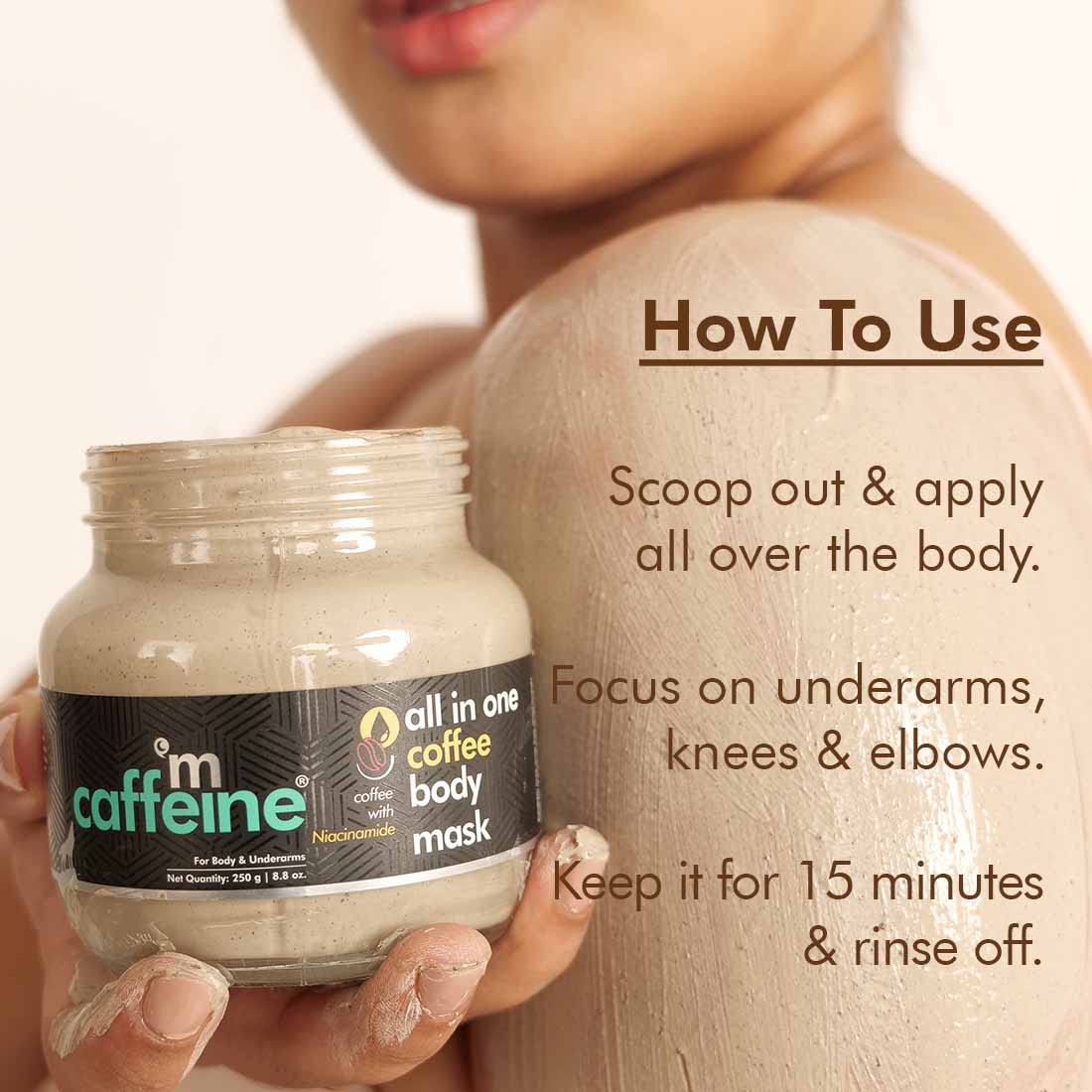 Jar of 'm caffeine' coffee body mask with application instructions on a blurred background