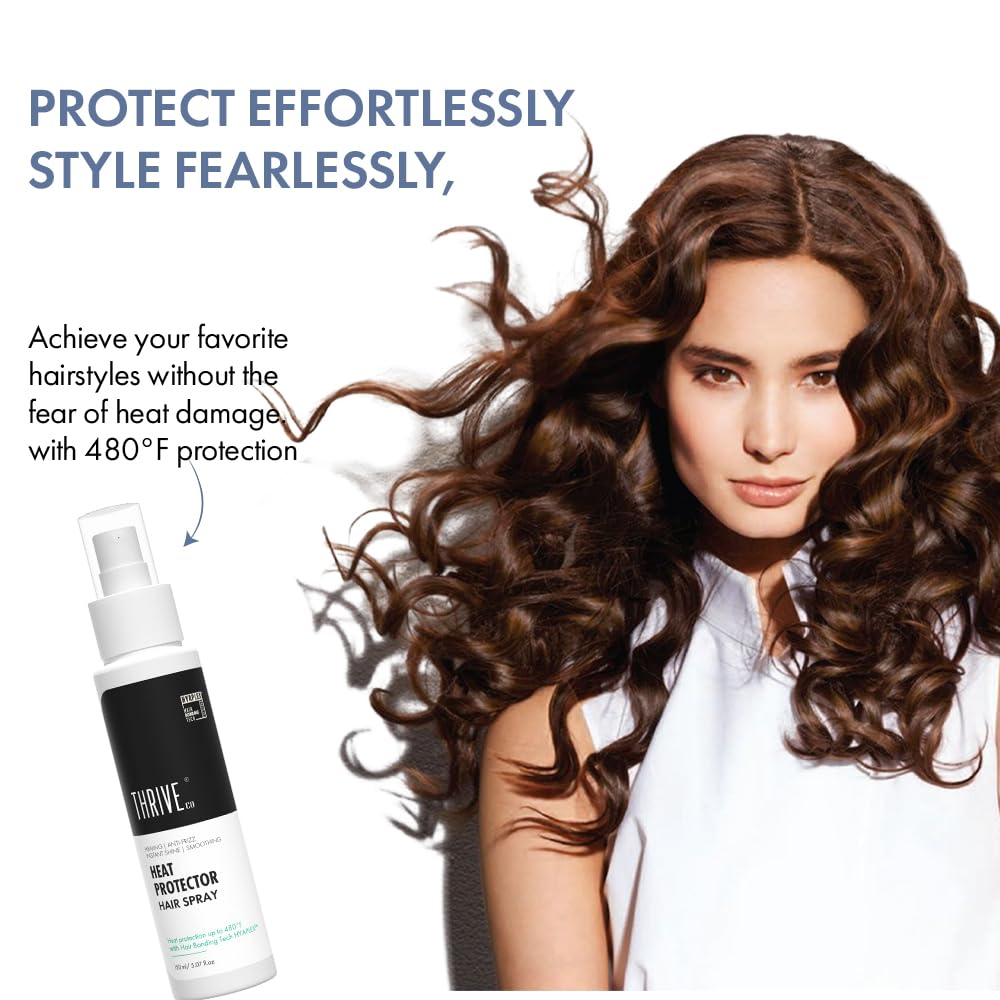 Woman with styled hair next to a bottle of hair spray with text about heat protection.