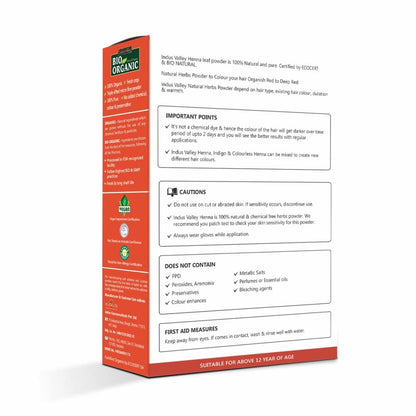 Bio Organic hair color powder packaging with text on a white background