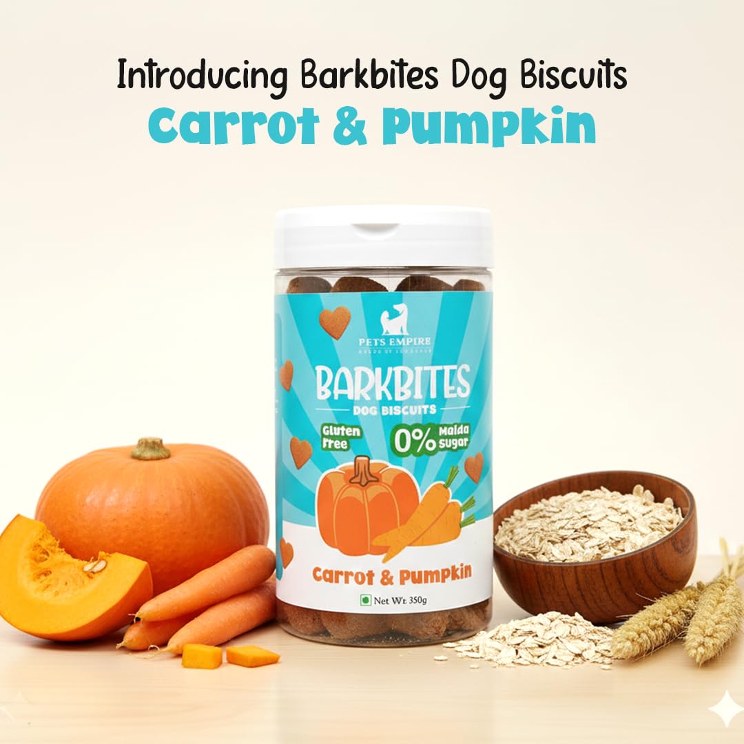 PETS EMPIRE BARKBITES Carrot & Pumpkin Biscuit Jar for Dogs 350g – Healthy Dog Treats with No Maida, No Sugar, No Salt – Nutritious & Crunchy Biscuits for Training and Rewards