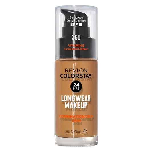 Revlon Liquid Foundation, ColorStay Face Makeup for Combination & Oily Skin, SPF 15, Medium-Full Coverage with Matte Finish, Golden Caramel, 30 ml