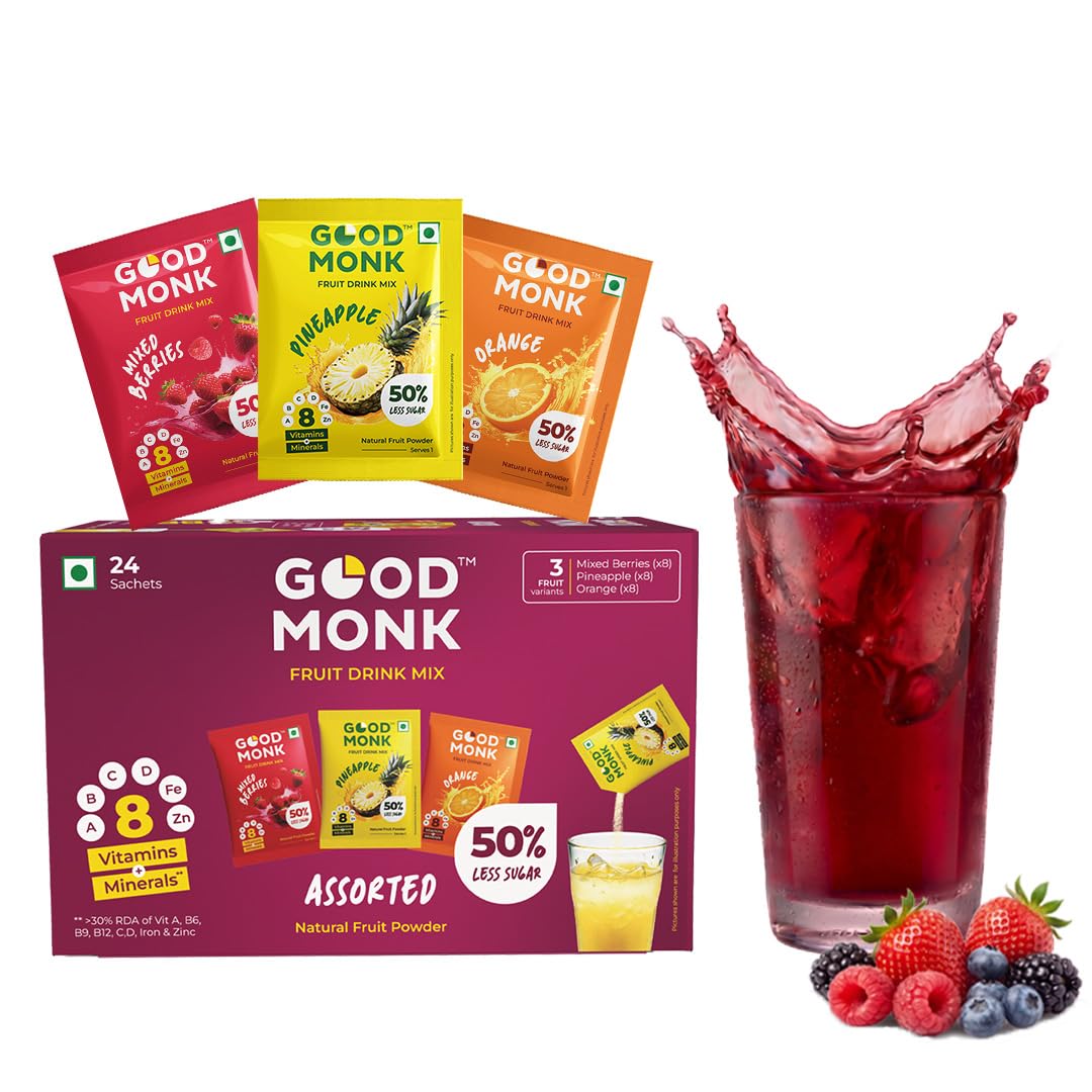 Good Monk Fruit Drink Mix (Assorted - Natural Orange, Mixed Berries, Pineapple Powder), 50% Less Sugar with 8 Vitamins & Minerals. Tasty & Healthy Mix for Hydration, Energy, Immunity. 8x3 = 24 sachets