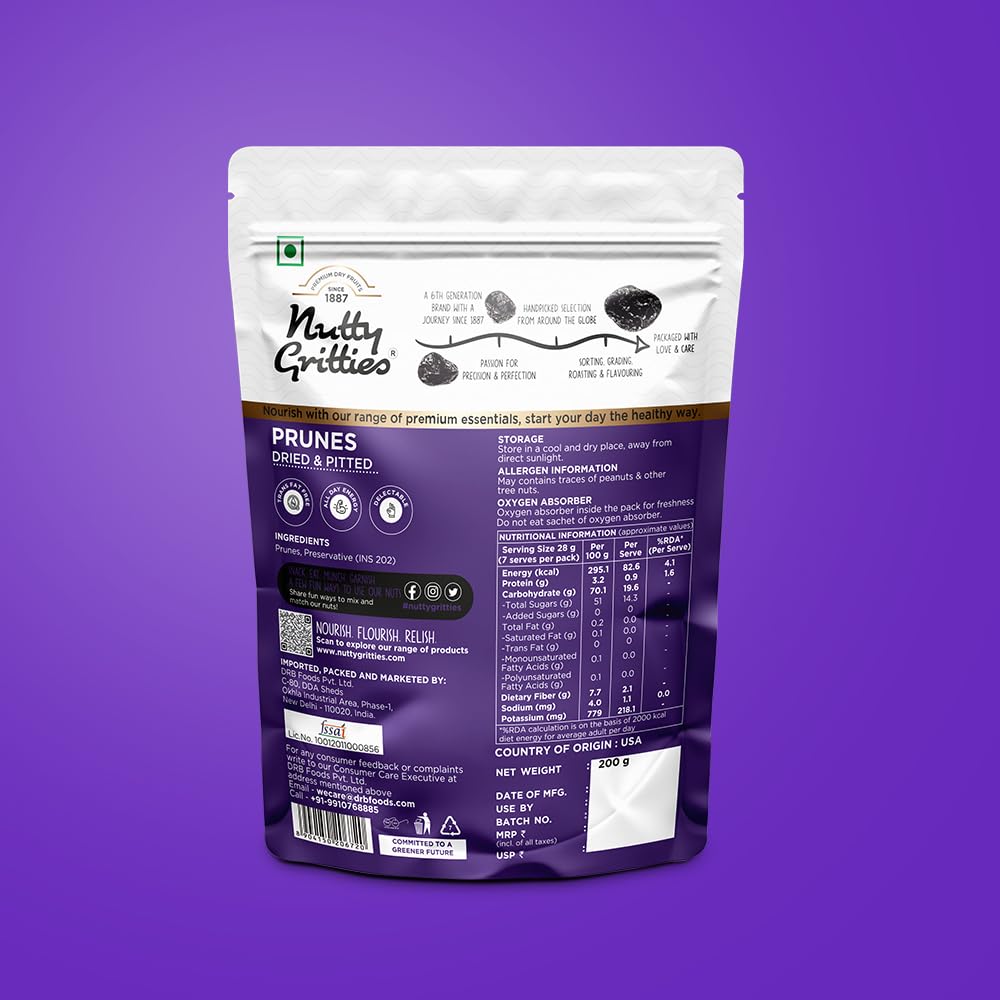Nutty Gritties California Pitted Prunes 200g | Dried Fruit Plums | Naturally Sweet & Juicy | High in Fiber | Healthy Snack | Re-sealable Pouch