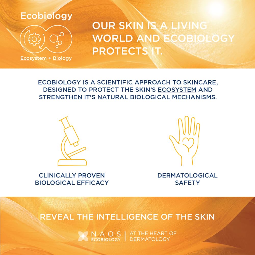 Advertisement for Ecobiology skincare with text and icons on a white background