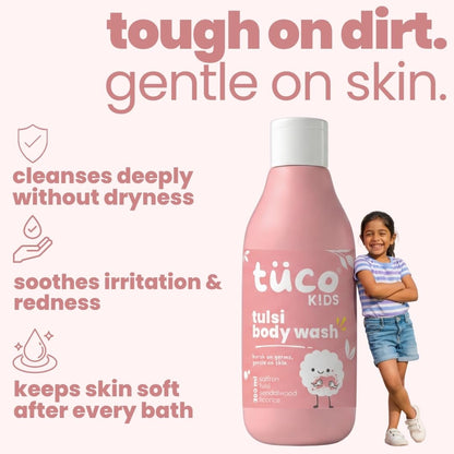 Tuco Kids Body Wash for Kids, Sandalwood & Tulsi, SLS Free, 300ml | Body Wash For Kids 7-12 Years. Sandalwood Oil, Tulsi & Saffron. SLS, SLES & Paraben Free. Soothes & Nourishes Young Skin.
