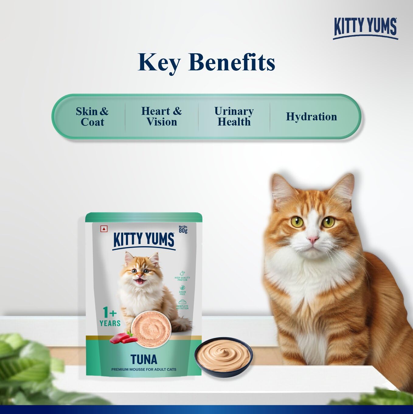 Kitty Yums Adult Cat Wet Mousse 80g | Tuna | Rich in Protein | Promotes Hydration & Easy to Digest | Grain Free | No Artificial Flavours | Packed with Essential Vitamins & Antioxidants