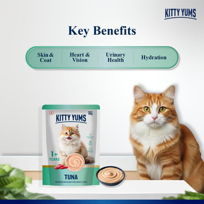 Kitty Yums Adult Cat Wet Mousse 80g | Tuna | Rich in Protein | Promotes Hydration & Easy to Digest | Grain Free | No Artificial Flavours | Packed with Essential Vitamins & Antioxidants