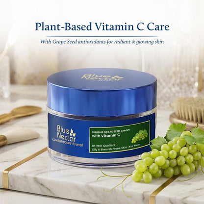 Blue Nectar Vitamin C Face Moisturizer for Oily & Acne Prone Skin with Grapeseed | Plant Based Vitamin C Lightweight Cream for Men (19 herbs, 50g)