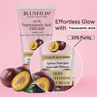 BLUSHLIN 10% Tranexamic Acid Cream with 2% Kojic Acid + 5% Vitamin C + 1% Arbutin | Pigmentation Removal Face Cream | Helps Even Skin Tone, Reduce Dark Spots, Blemishes and Scars - 10gm