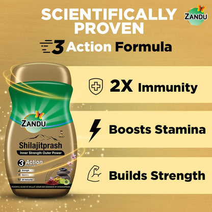 Zandu Shilajitprash | Dual Goodness of Chyawanprash & Shilajit/Shilajeet | Strength, Stamina & 2X immunity* | 450g I 24K Gold Bhasma & 47 Potent Herbs I No added sugar I 100% ayurdevic
