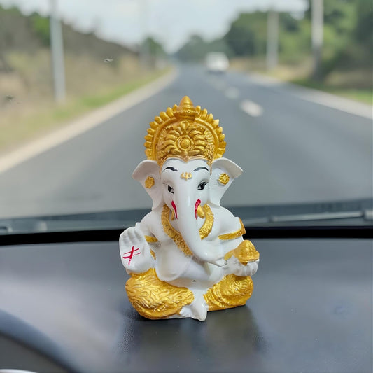 JOY LAND Lord Ganesha Car Dashboard Idol | White & Gold Ganesh Murti for Car Dashboard, Home & Office Decor (Full Gold)