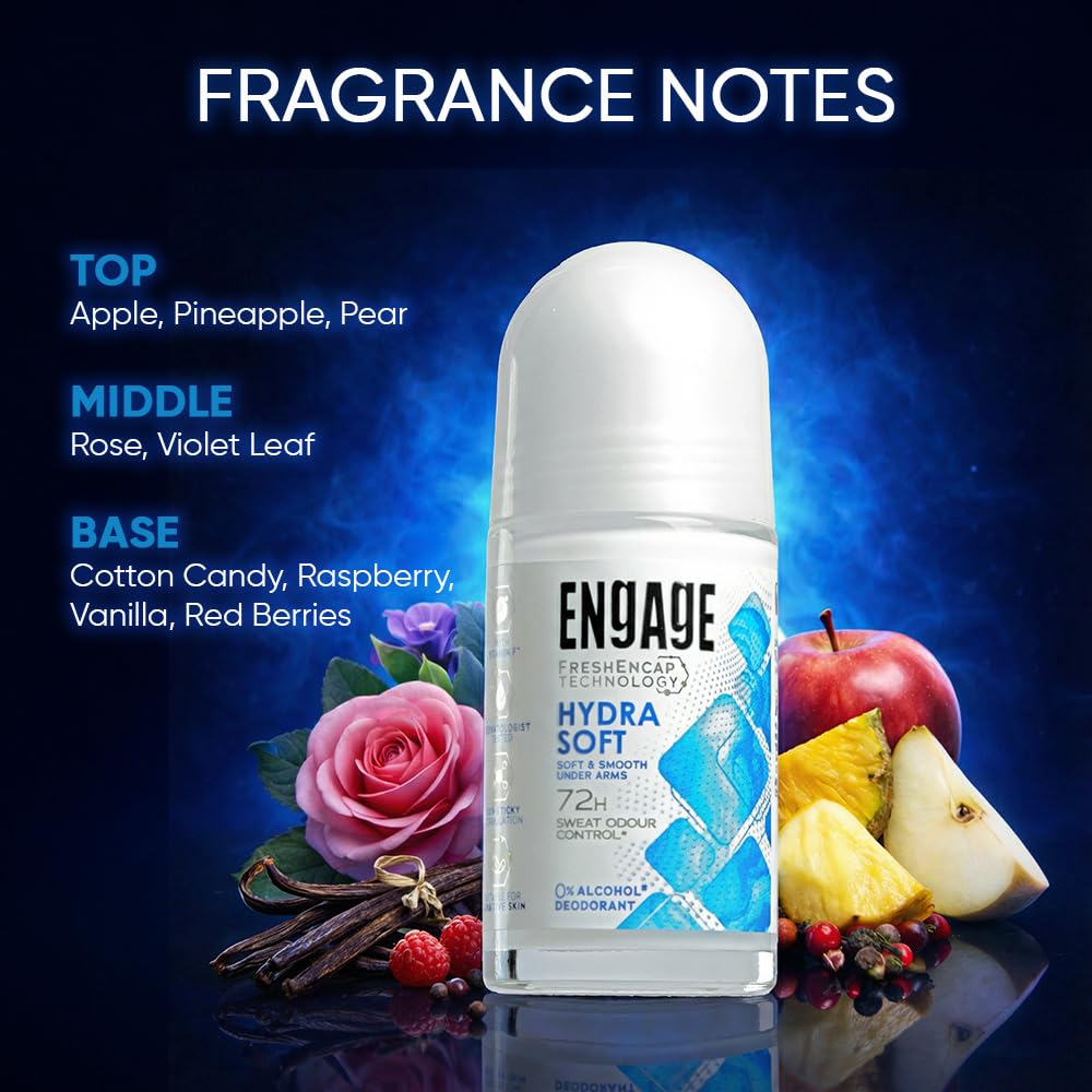 Engage Hydra Soft Underarm Roll On for Women|Skin Softening Deodorant Formula |72 Hour Sweat & Odour Protection| Advanced Antiperspirant Formula|FreshEncap Technology |0% Alcohol|Non Sticky|50ml