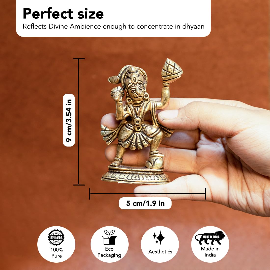 100% Pure Brass Hanuman Ji Murti for Home Puja (Size: 8.4 cm) | Lord Hanuman Idol for Desk, Car and Home Decor | Balaji Idol | Bajrangbali Murti | Bahubali Hanuman Idol