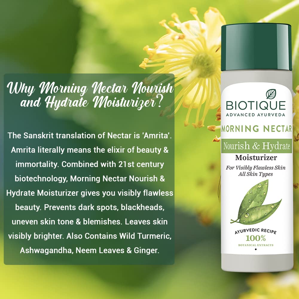 Biotique Morning Nectar Nourish & Hydrate Moisturizer bottle with green background and flower.