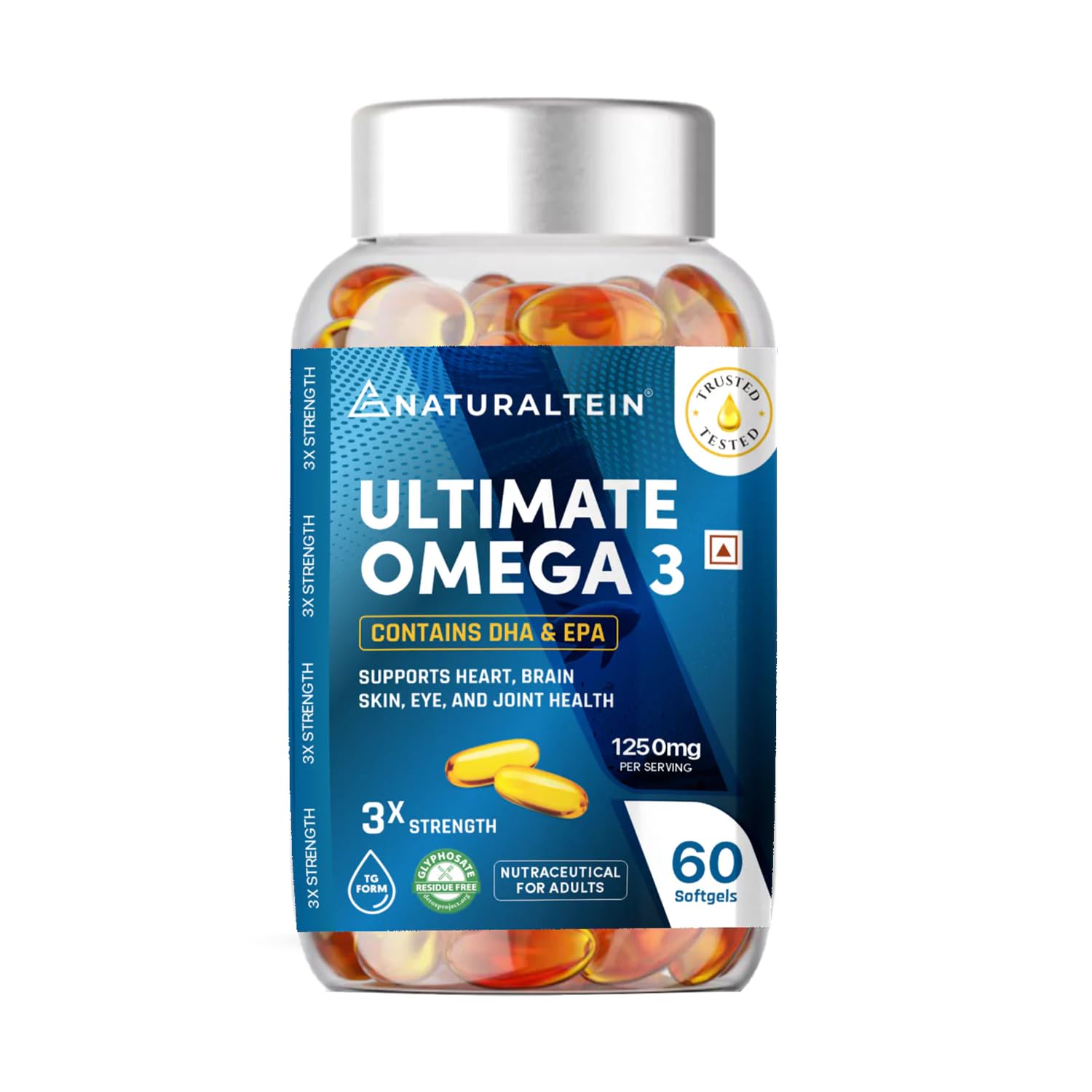 Bottle of Naturaltein Ultimate Omega 3 supplements on a white background