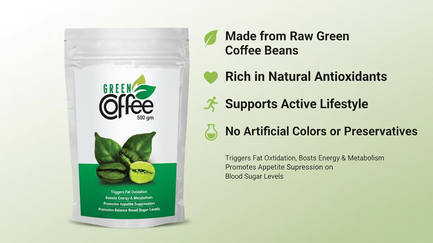 Green Coffee package with text highlighting benefits on a light green background