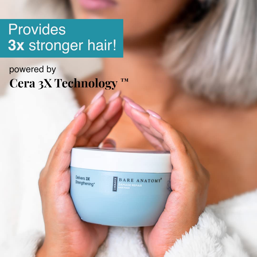 Person holding a jar of hair care product with text about stronger hair and Cera 3X Technology.