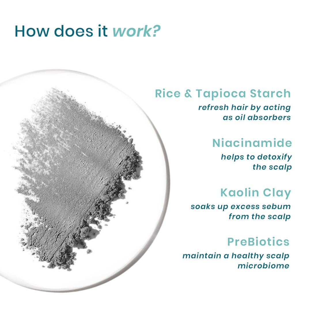 Gray powder in a dish with text explaining its ingredients and benefits on a white background