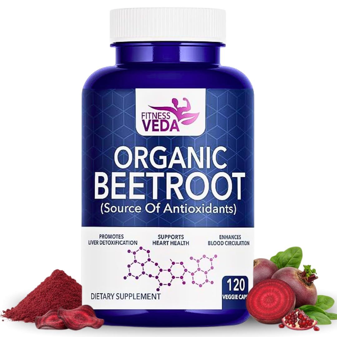 Fitness Veda Organic Beetroot supplement bottle with beetroot powder and vegetables on a white background