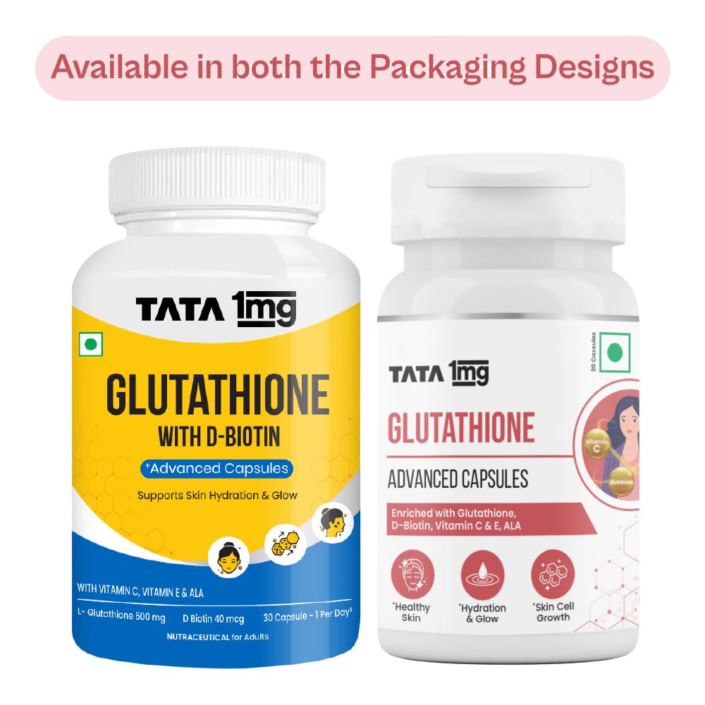 TATA 1MG 1MG Tata Glutathione Advanced Capsule with Vitamin C E Biotin Grape Seed Extract For Skin Glow Hydration Radiance Pack of 30 Tablets
