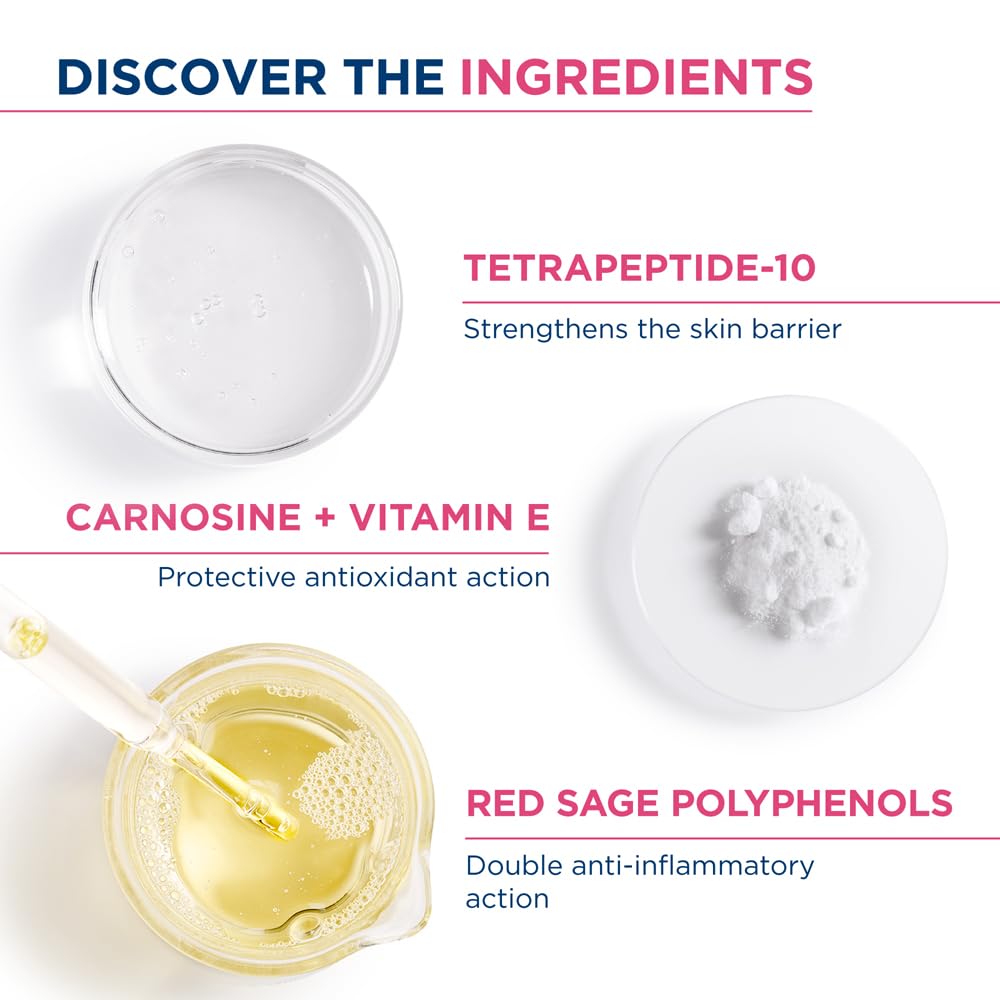 Product ingredients with Tetrapeptide-10, Carnosine + Vitamin E, and Red Sage Polyphenols on a white background.