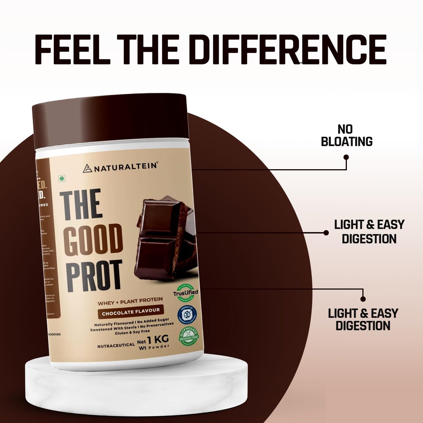 Protein powder container with 'Feel the Difference' text and features on a brown and beige background