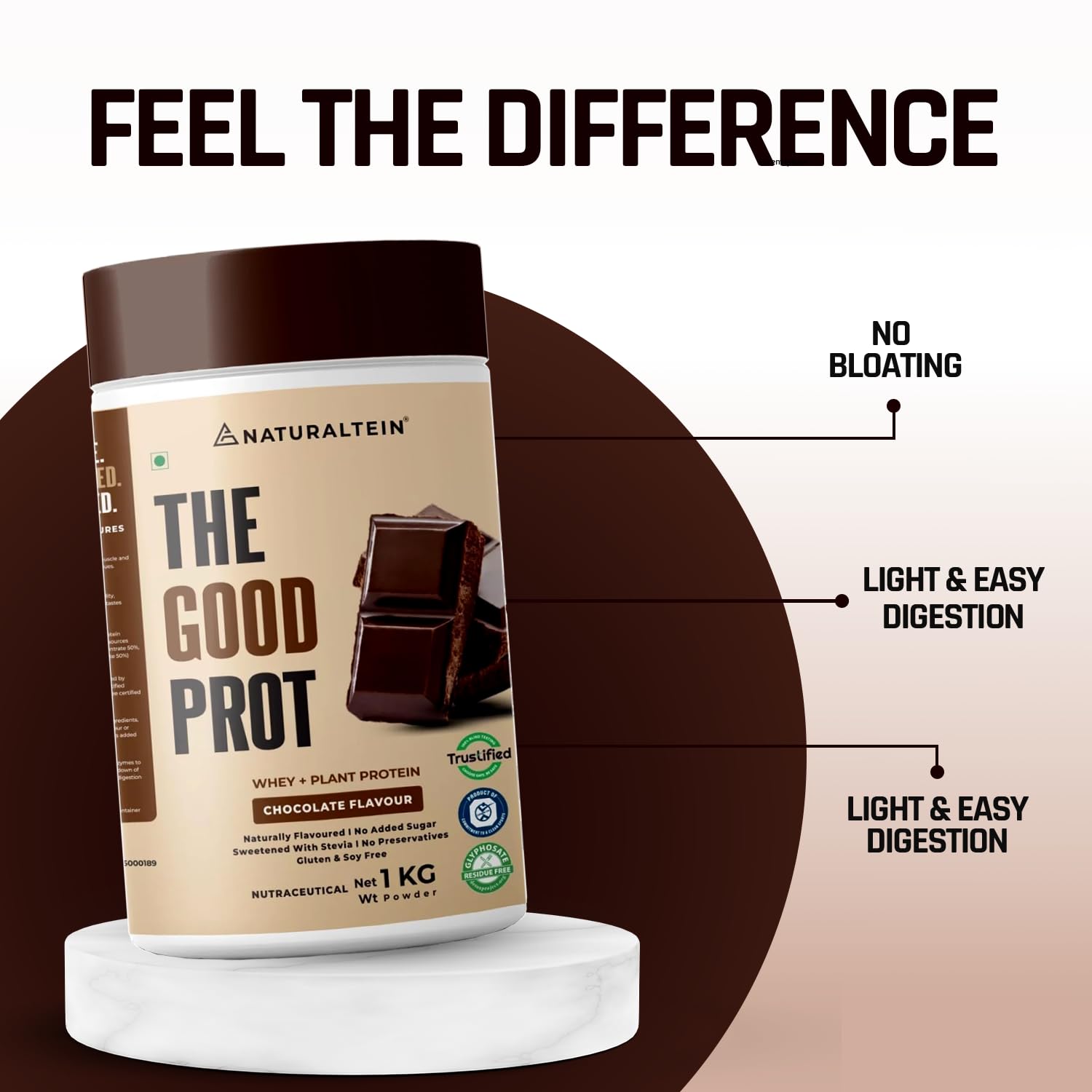 Protein powder container with 'Feel the Difference' text and features on a brown and beige background