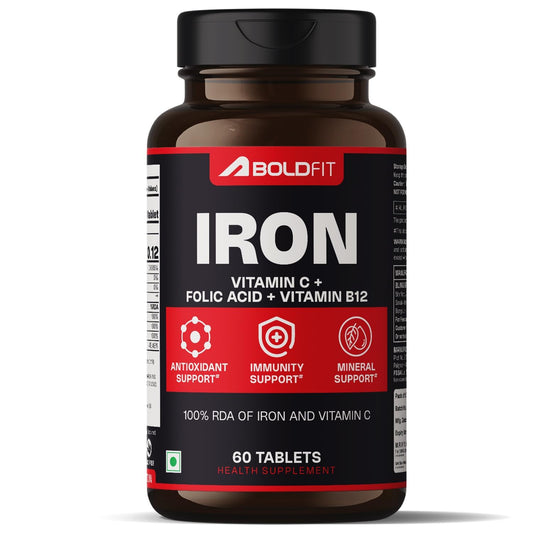 Boldfit Iron Supplement for Women & Men Iron Bisglycinate with Vitamin C Folic Acid & Vitamin B12 Gentle on Stomach,Non-Constipating Tablets - 60 Count