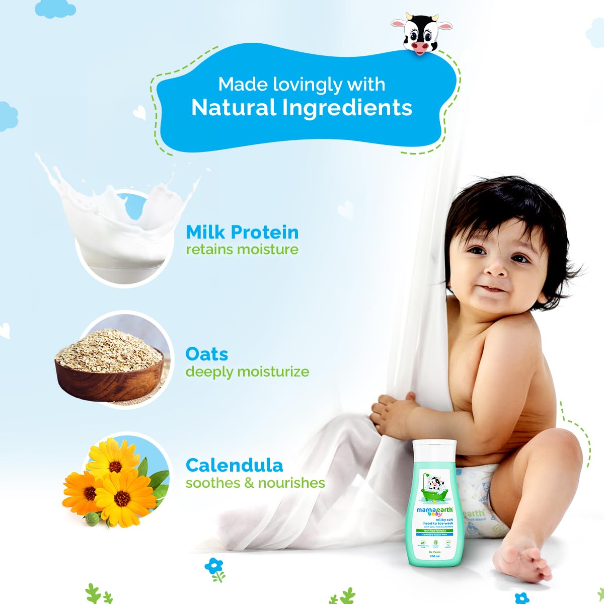 Baby sitting on a white blanket with natural ingredients displayed around, including milk protein, oats, and calendula.