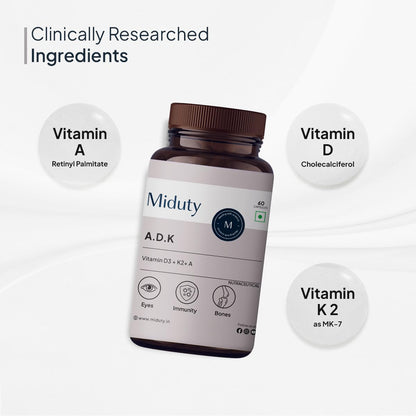 Zephivo Miduty by Palak Notes Vitamin ADK, Vitamin D3 and K2 Supplements, Cholecalciferol Vitamin D3, Boost Immunity, Stronger Bones, Vitamin ADK Supplement, Immunity Booster Capsule - 60 Capsules
