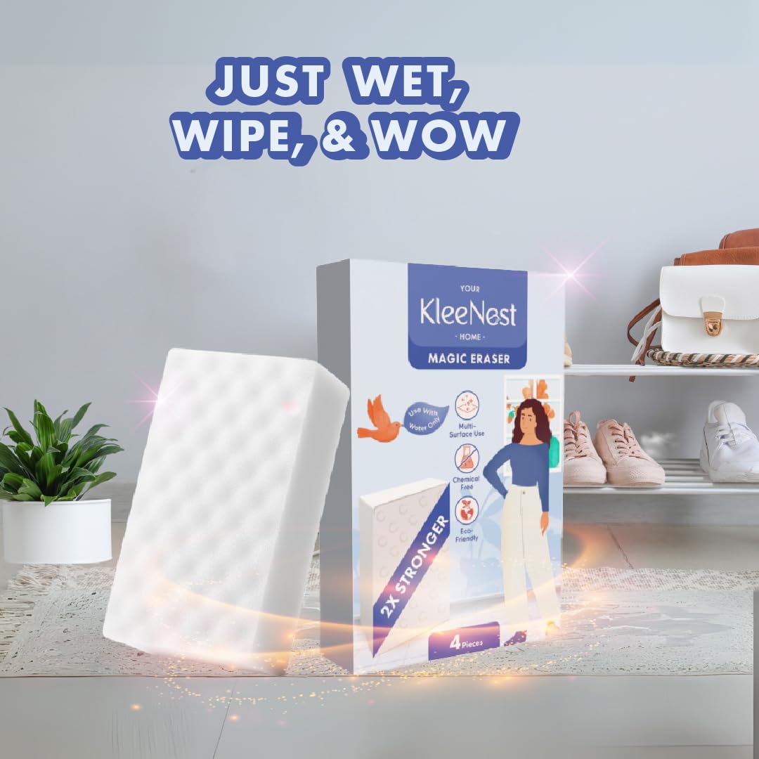 Kleenest Magic Eraser Cleaning Sponge | Pack of 4 | Chemical-Free, Multi-Purpose Wipe for Effortless Cleaning of Kitchen, Bathroom, Walls, Shoes & More – Tough on Stains, Gentle on Surfaces