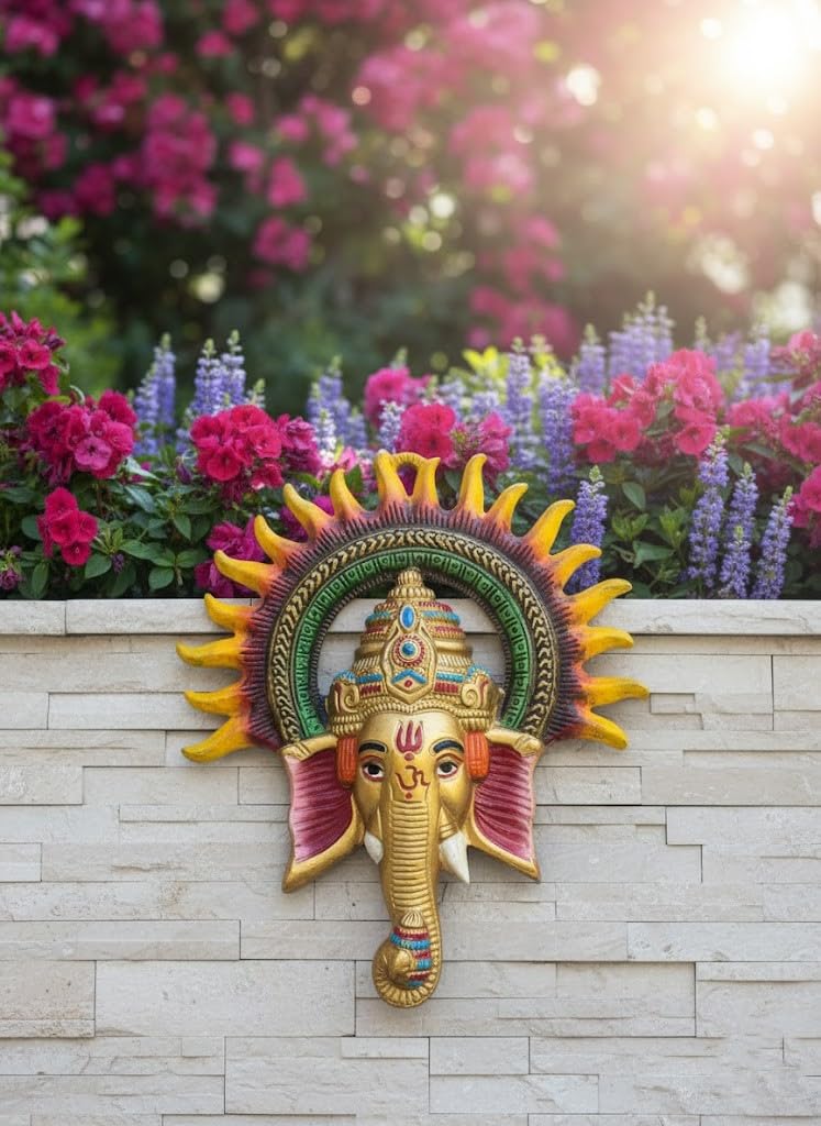 Traditional Handcrafted Ganesha Wall Decor, Metal Elephant God Sculpture with Sunburst Design, Gold and Multicolor, Religious Hindu Art