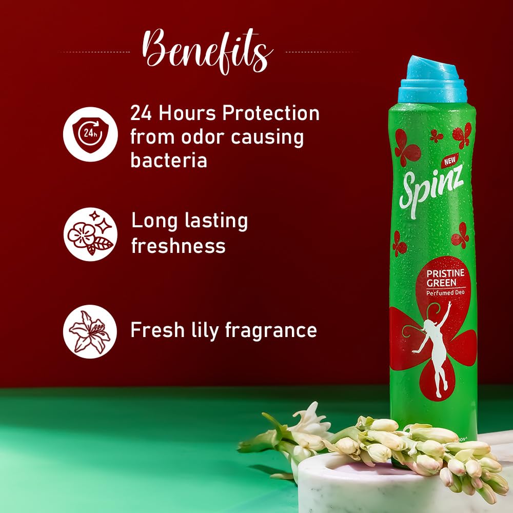SpinZ Pristine Green Perfumed Aerosol Deo For Women, With International Fragrances For Long Lasting Freshness And 24 Hours Protection From Odour Causing Bacteria, 200Ml