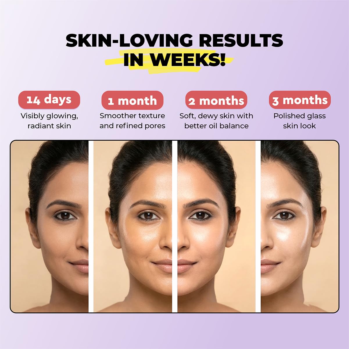 Before and after skin comparison with text on a purple background