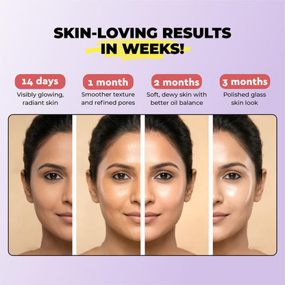Before and after skin comparison with text on a purple background
