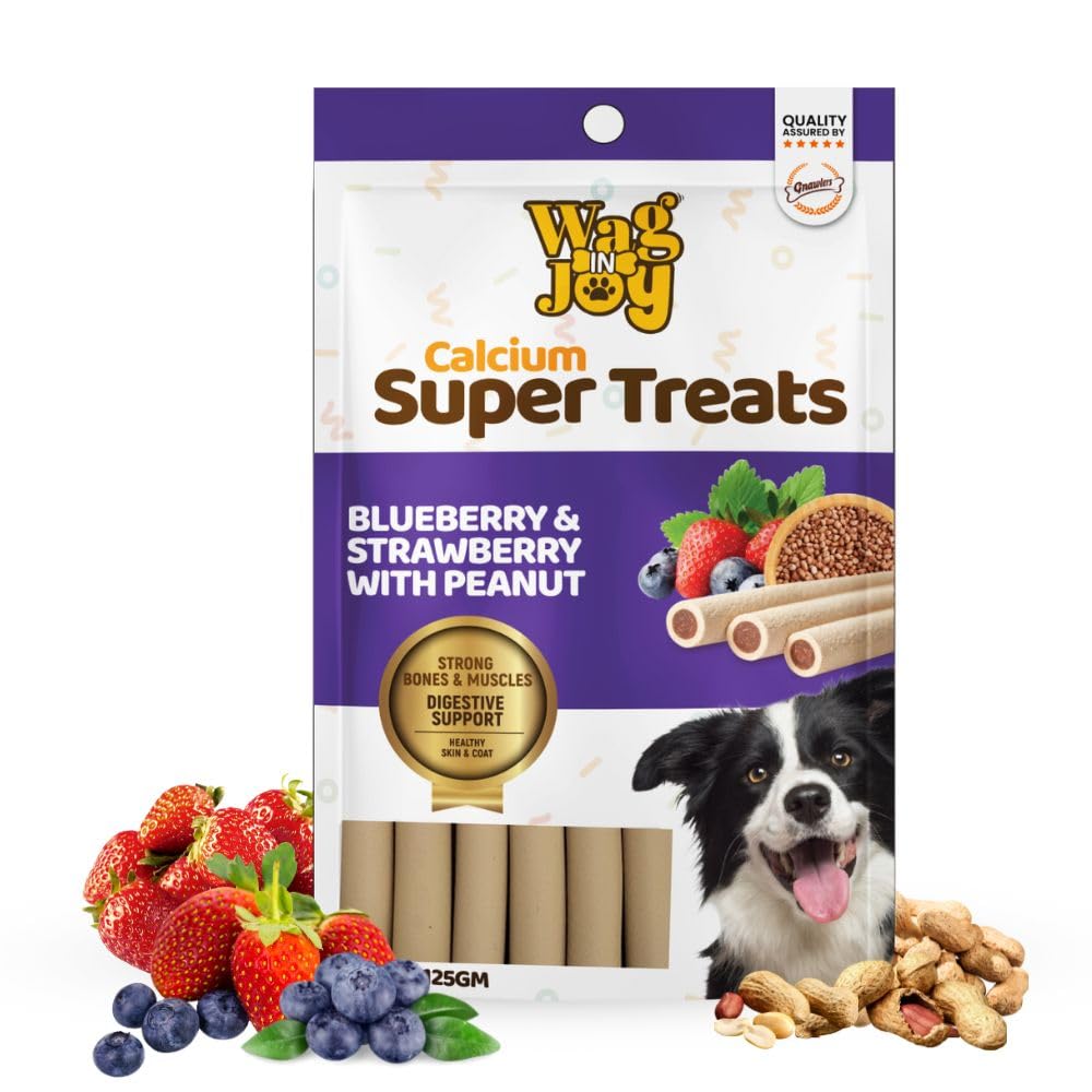 WAG IN JOY Calcium Super Treats Sticks 125 GMS | 100% Vegetarian Dog Treat|| Strong Bones and Joint| with Omega 3| Dog Food| Pack of 1|Blueberry & Strawberry with Peanuts|,Young