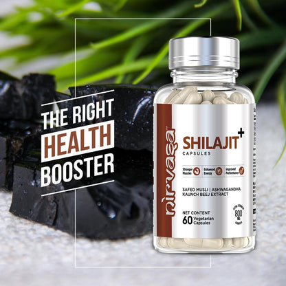 Nirvasa Pure Shilajit/Shilajeet (800mg) 60 Capsules | Boost Strength, Stamina, Energy & Immunity | Supports Vitality, Performance & Muscle Growth | Ashwagandha, Safed Musli & Kaunch Beej
