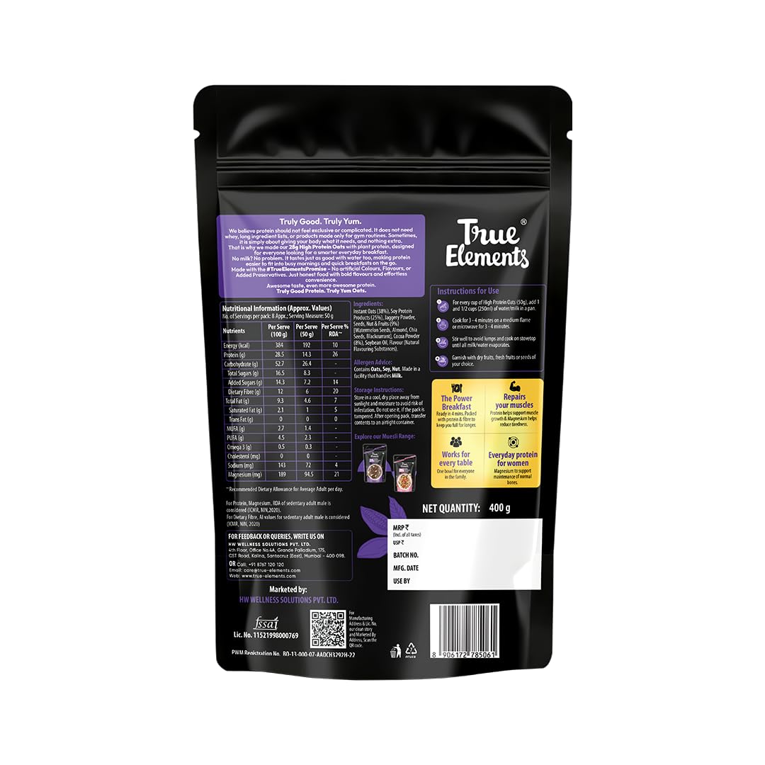 True Elements 28g High Protein Oats 400g | High Protein Breakfast Oats with 28g Protein | High Fibre | No Added Sugar | Healthy Breakfast Cereal