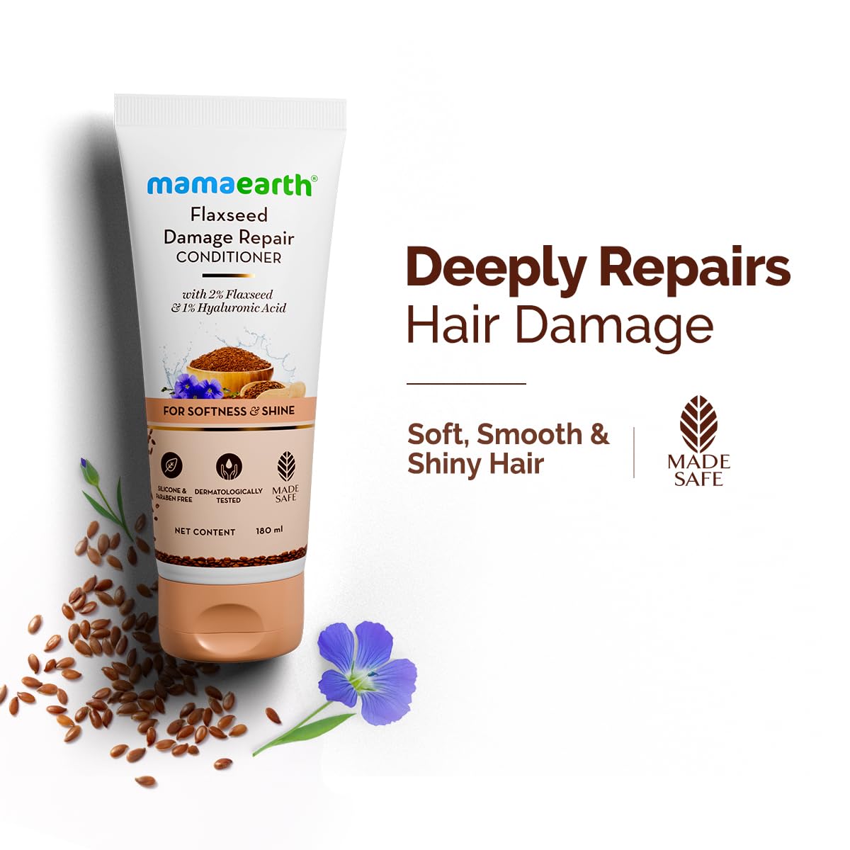 Mamaearth Flaxseed Damage Repair Conditioner with 2% Flaxseed, 1% Hyaluronic Acid, Ceramides | Makes Hair Soft, Smooth & Shiny | Deeply Conditions | Dry & Frizzy Hair | Sulphate & Paraben Free | 180 ml